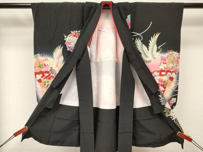 平和屋着物[]七五三　女の子　３歳　祝着　三つ身　駒刺繍　檜扇飛鶴花車文　黒地　暈し染め　金彩　逸品　DABA3698ma