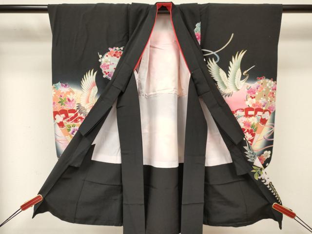 平和屋着物[]七五三　女の子　３歳　祝着　三つ身　駒刺繍　檜扇飛鶴花車文　黒地　暈し染め　金彩　逸品　DABA3698ma