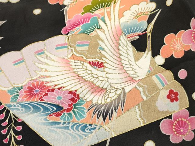 平和屋着物[]七五三　女の子　３歳　祝着　三つ身　駒刺繍　檜扇飛鶴花車文　黒地　暈し染め　金彩　逸品　DABA3698ma