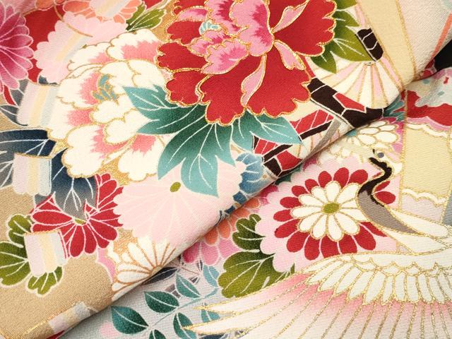 平和屋着物[]七五三　女の子　３歳　祝着　三つ身　駒刺繍　檜扇飛鶴花車文　黒地　暈し染め　金彩　逸品　DABA3698ma