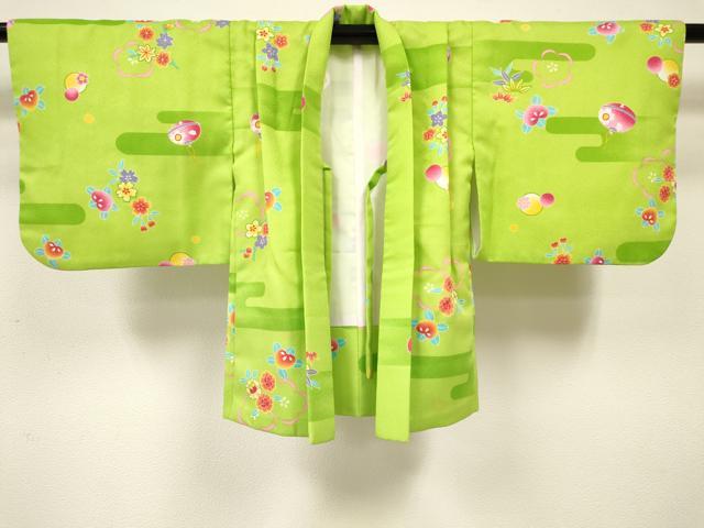 平和屋着物[]七五三　女の子　３歳　祝着　三つ身　羽織セット　鈴　エ霞吉祥花文　洗える着物　DABA3702ma