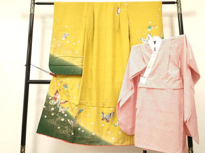 平和屋着物[]七五三　女の子　７歳　祝着　四つ身　襦袢(無双仕立て・半衿刺繍)セット　流水花蝶文　暈し染め　金銀彩　逸品　DABA3703ma