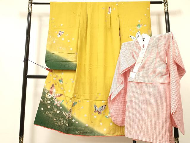 平和屋着物[]七五三　女の子　７歳　祝着　四つ身　襦袢(無双仕立て・半衿刺繍)セット　流水花蝶文　暈し染め　金銀彩　逸品　DABA3703ma