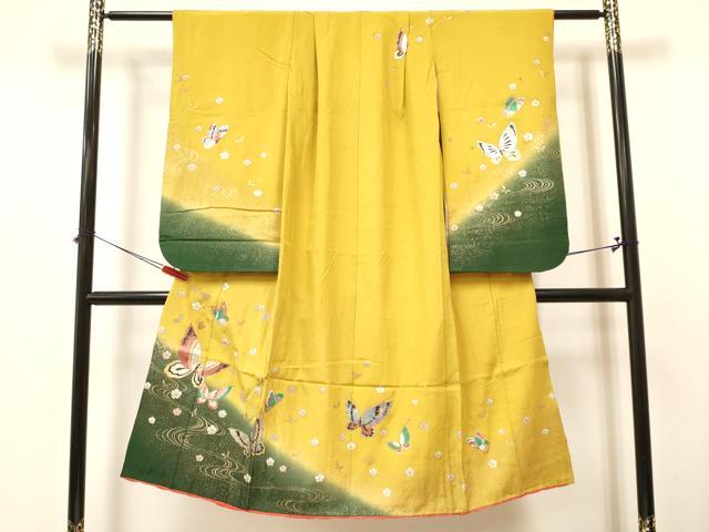 平和屋着物[]七五三　女の子　７歳　祝着　四つ身　襦袢(無双仕立て・半衿刺繍)セット　流水花蝶文　暈し染め　金銀彩　逸品　DABA3703ma