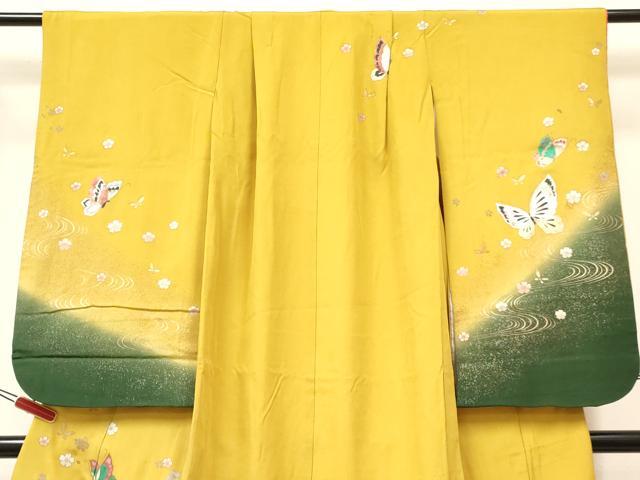 平和屋着物[]七五三　女の子　７歳　祝着　四つ身　襦袢(無双仕立て・半衿刺繍)セット　流水花蝶文　暈し染め　金銀彩　逸品　DABA3703ma