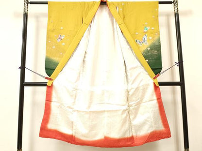 平和屋着物[]七五三　女の子　７歳　祝着　四つ身　襦袢(無双仕立て・半衿刺繍)セット　流水花蝶文　暈し染め　金銀彩　逸品　DABA3703ma