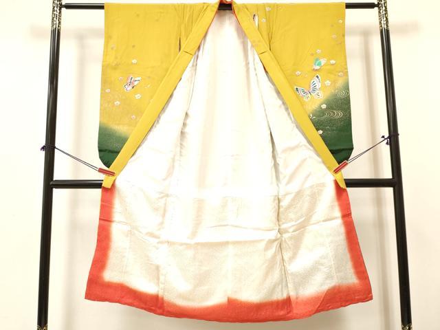平和屋着物[]七五三　女の子　７歳　祝着　四つ身　襦袢(無双仕立て・半衿刺繍)セット　流水花蝶文　暈し染め　金銀彩　逸品　DABA3703ma