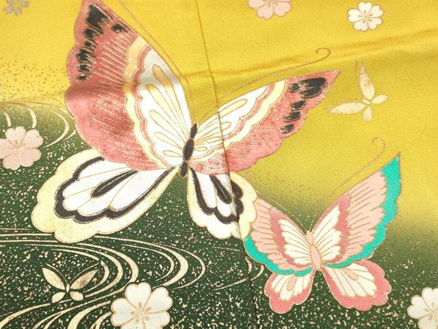 平和屋着物[]七五三　女の子　７歳　祝着　四つ身　襦袢(無双仕立て・半衿刺繍)セット　流水花蝶文　暈し染め　金銀彩　逸品　DABA3703ma