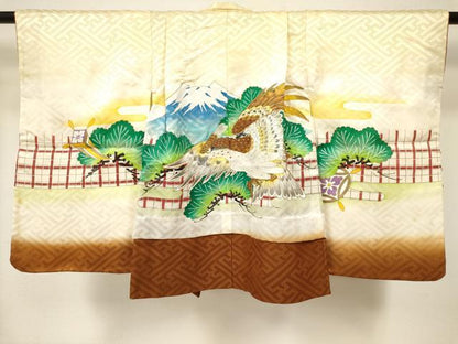 平和屋着物[]七五三　男の子　祝着・羽織セット　駒刺繍　鷹　鷲　風景松文　暈し染め　金彩　洗える着物　DABA3706ma