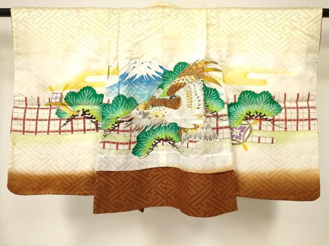 平和屋着物[]七五三　男の子　祝着・羽織セット　駒刺繍　鷹　鷲　風景松文　暈し染め　金彩　洗える着物　DABA3706ma