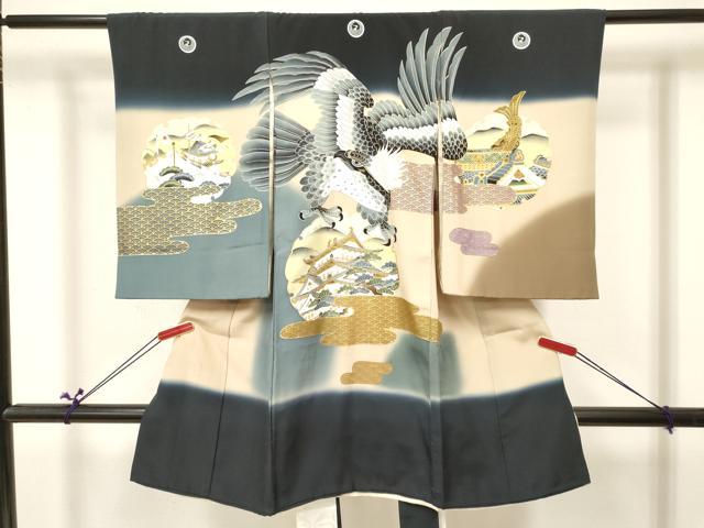 平和屋着物[]お宮参り　男の子　祝着　産着　初着　のしめ　鷹　鷲　エ霞雪輪風景松文　暈し染め　金彩　逸品　DABA3711ma