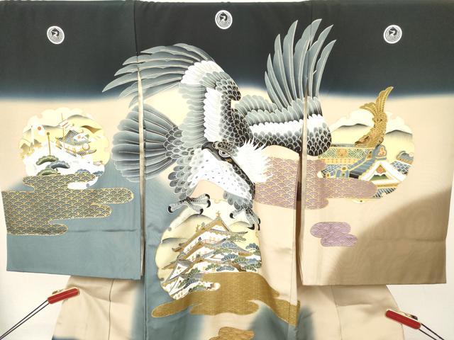 平和屋着物[]お宮参り　男の子　祝着　産着　初着　のしめ　鷹　鷲　エ霞雪輪風景松文　暈し染め　金彩　逸品　DABA3711ma