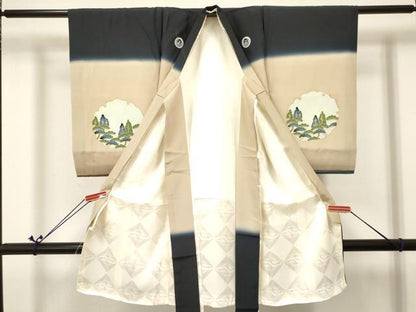 平和屋着物[]お宮参り　男の子　祝着　産着　初着　のしめ　鷹　鷲　エ霞雪輪風景松文　暈し染め　金彩　逸品　DABA3711ma
