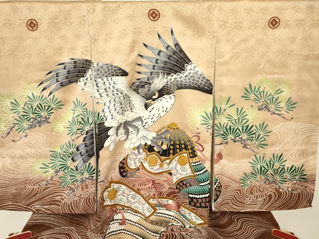 平和屋着物[]お宮参り　男の子　祝着　産着　初着　のしめ　鷹　鷲　兜　立波松文　暈し染め　金彩　逸品　DABA3712ma