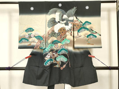 平和屋着物[]お宮参り　男の子　祝着　産着　初着　のしめ　鷹　鷲　渡橋松文　暈し染め　金彩　逸品　DABA3713ma