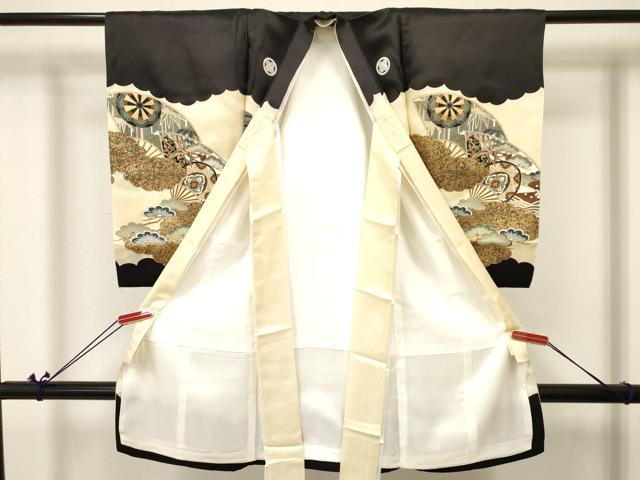 平和屋着物[]お宮参り　男の子　祝着　産着　初着　のしめ　鷹　鷲　扇面源氏車松文　金彩　逸品　DABA3714ma
