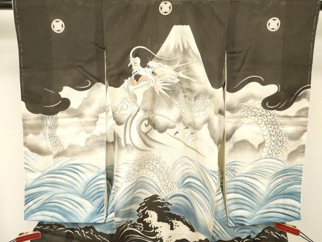 平和屋着物＊夏物 お宮参り 男の子 祝着 産着 初着 のしめ 絽 駒刺繍 龍 立波文 暈し染め 銀彩 逸品 DABA3719ma