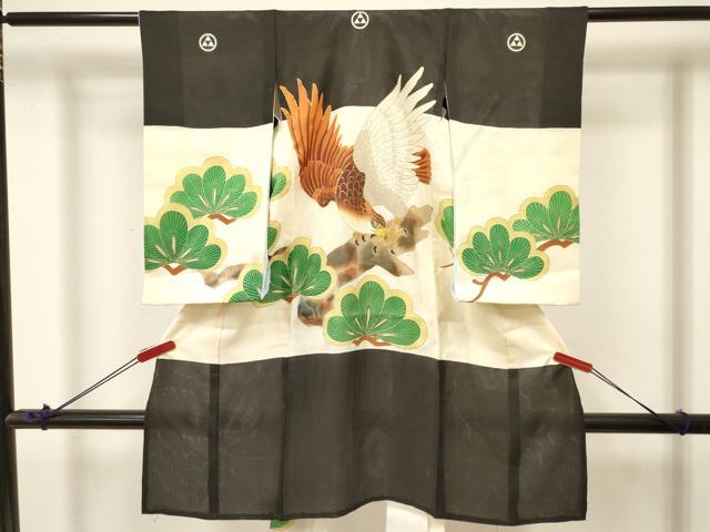 平和屋着物＊夏物 お宮参り 男の子 祝着 産着 初着 のしめ 絽 駒刺繍 鷹 鷲 松文 金彩 逸品 DABA3720ma