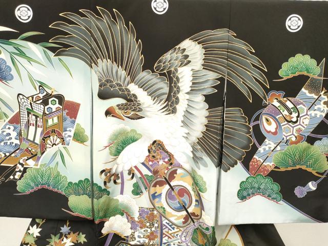平和屋着物[]お宮参り　男の子　祝着　産着　初着　のしめ　鷹　鷲　扇面鼓松文　暈し染め　金彩　逸品　DABA3723ma