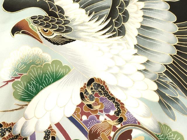 平和屋着物[]お宮参り　男の子　祝着　産着　初着　のしめ　鷹　鷲　扇面鼓松文　暈し染め　金彩　逸品　DABA3723ma