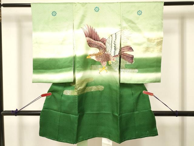 平和屋着物[]お宮参り　男の子　祝着　産着　初着　のしめ　刺繍　鷹　鷲　エ霞亀甲花青海波　暈し染め　金銀彩　逸品　DABA3727ma