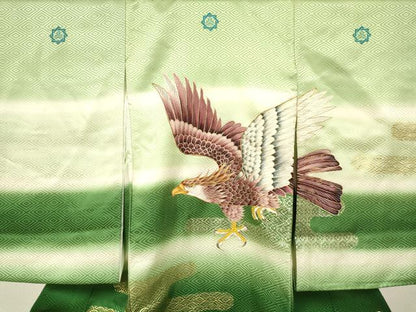平和屋着物[]お宮参り　男の子　祝着　産着　初着　のしめ　刺繍　鷹　鷲　エ霞亀甲花青海波　暈し染め　金銀彩　逸品　DABA3727ma