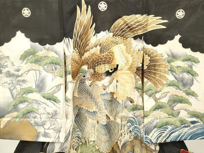 平和屋着物＊夏物　お宮参り　男の子　祝着　産着　初着　のしめ　絽　刺繍　鷹　鷲　立波笹松文　金彩　逸品　DABA3731ma