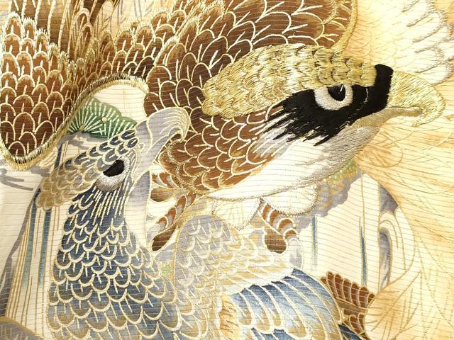 平和屋着物＊夏物　お宮参り　男の子　祝着　産着　初着　のしめ　絽　刺繍　鷹　鷲　立波笹松文　金彩　逸品　DABA3731ma