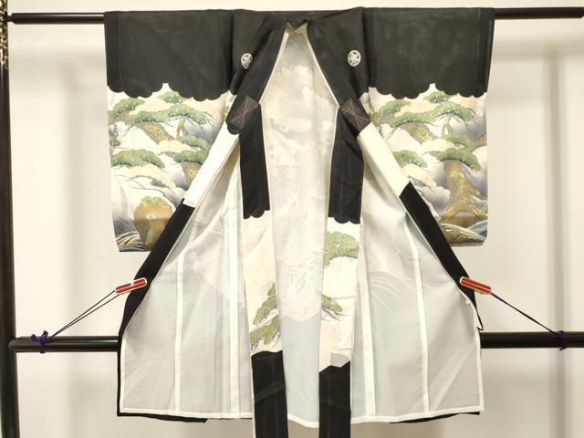 平和屋着物＊夏物　お宮参り　男の子　祝着　産着　初着　のしめ　絽　刺繍　鷹　鷲　立波笹松文　金彩　逸品　DABA3731ma
