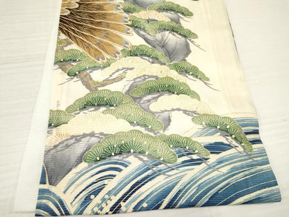 平和屋着物＊夏物　お宮参り　男の子　祝着　産着　初着　のしめ　絽　刺繍　鷹　鷲　立波笹松文　金彩　逸品　DABA3731ma