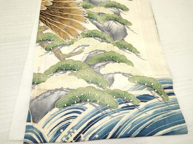 平和屋着物＊夏物　お宮参り　男の子　祝着　産着　初着　のしめ　絽　刺繍　鷹　鷲　立波笹松文　金彩　逸品　DABA3731ma