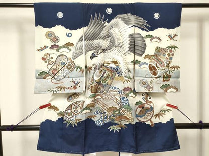 平和屋着物[]お宮参り　男の子　祝着　産着　初着　のしめ　鷹　鷲　打ち出の小槌　渡橋松取り笹文　暈し染め　金銀彩　逸品　DABA3732ma