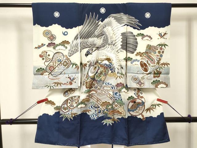 平和屋着物[]お宮参り　男の子　祝着　産着　初着　のしめ　鷹　鷲　打ち出の小槌　渡橋松取り笹文　暈し染め　金銀彩　逸品　DABA3732ma