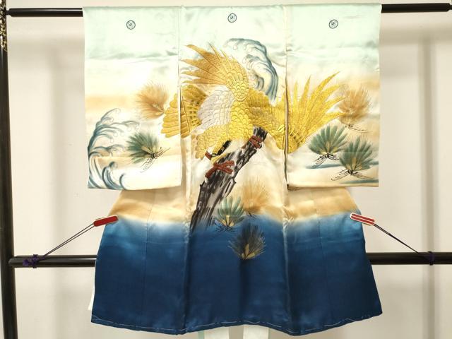 平和屋着物[]お宮参り　男の子　祝着　産着　初着　のしめ　刺繍　鷹　鷲　松文　暈し染め　金彩　逸品　DABA3733ma