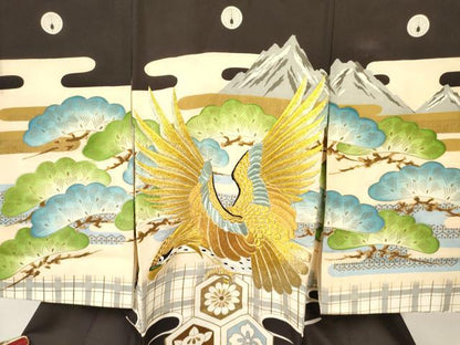 平和屋着物[]お宮参り　男の子　祝着　産着　初着　のしめ　刺繍　鷹　鷲　風景亀甲花松文　暈し染め　金彩　逸品　DABA3734ma