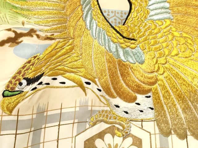 平和屋着物[]お宮参り　男の子　祝着　産着　初着　のしめ　刺繍　鷹　鷲　風景亀甲花松文　暈し染め　金彩　逸品　DABA3734ma