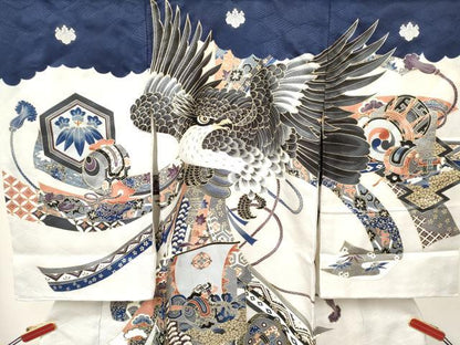 平和屋着物[]お宮参り　男の子　祝着　産着　初着　のしめ　鷹　鷲　束ね熨斗吉祥文　金彩　逸品　DABA3737ma