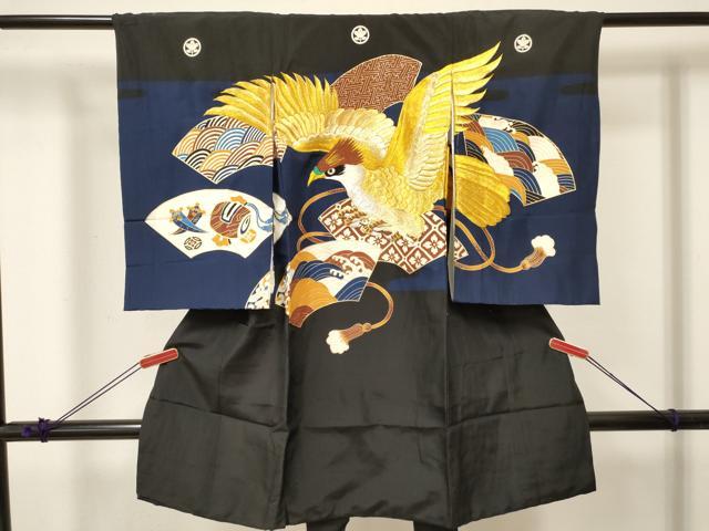 平和屋着物[]お宮参り　男の子　祝着　産着　初着　のしめ　刺繍　鷹　鷲　地紙重ね立波花文　金彩　逸品　DABA3742ma