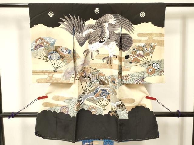 平和屋着物[]お宮参り　男の子　祝着　産着　初着　のしめ　鷹　鷲　龍　扇面御所車松文　金彩　逸品　DABA3744ma