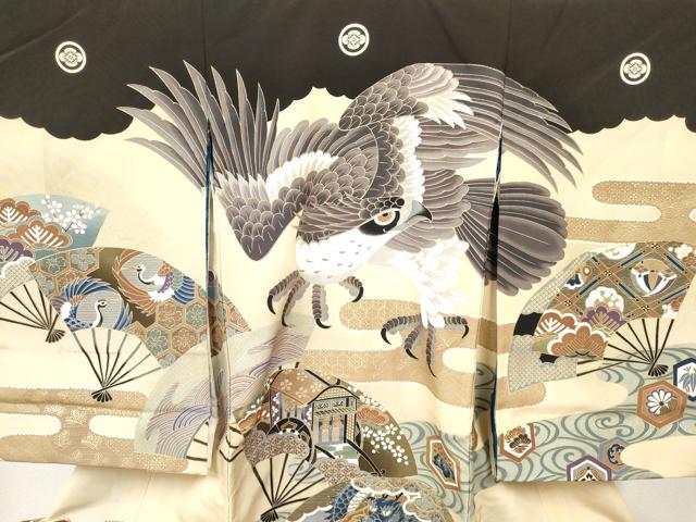 平和屋着物[]お宮参り　男の子　祝着　産着　初着　のしめ　鷹　鷲　龍　扇面御所車松文　金彩　逸品　DABA3744ma