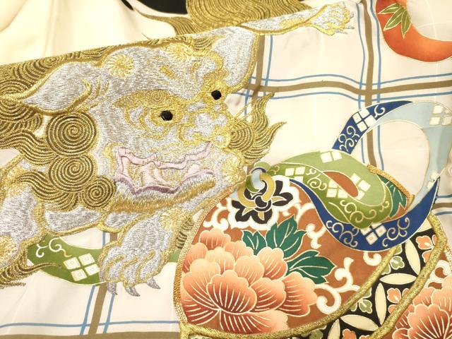 平和屋着物[]お宮参り　男の子　祝着　産着　初着　のしめ　駒刺繍　唐獅子　鈴花文　金彩　逸品　DABA3745ma