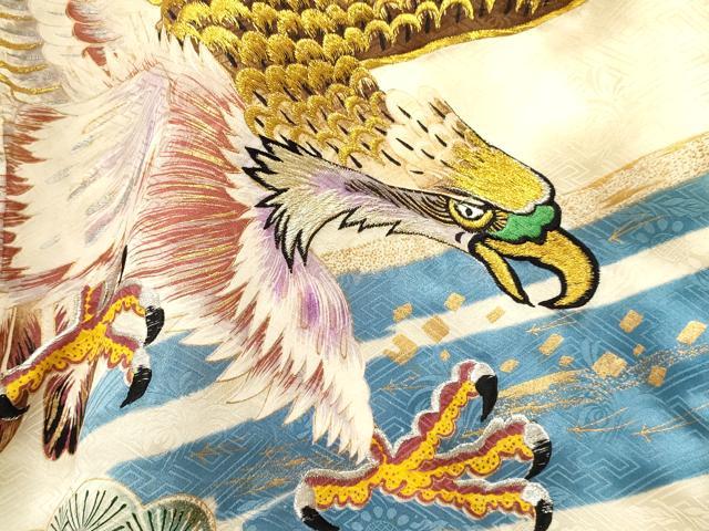 平和屋着物[]お宮参り　男の子　祝着　産着　初着　のしめ　刺繍　鷹　鷲　松文　金銀彩　逸品　DABA3747ma
