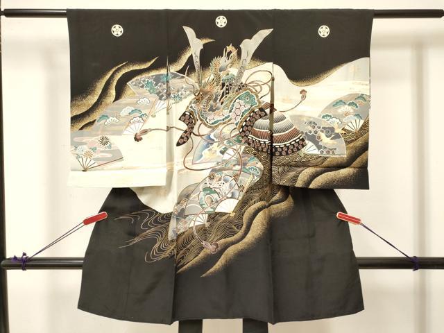 平和屋着物[]お宮参り　男の子　祝着　産着　初着　のしめ　龍　兜　扇面鼓松文　金彩　逸品　DABA3748ma