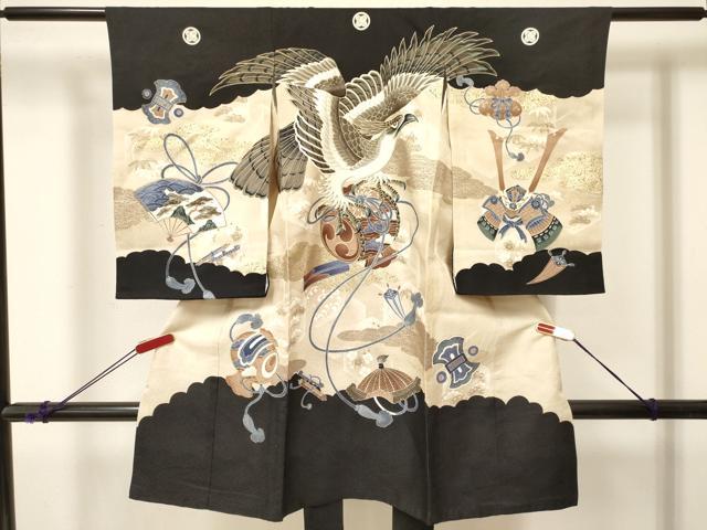 平和屋着物[]お宮参り　男の子　祝着　産着　初着　のしめ　鷹　鷲　打ち出の小槌　松文　金彩　逸品　DABA3749ma