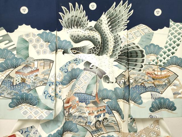 平和屋着物[]お宮参り　男の子　祝着　産着　初着　のしめ　駒刺繍　鷹　鷲　地紙御所車飛鶴松文　金銀彩　逸品　DABA3752ma