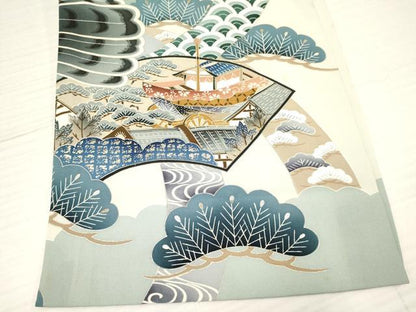 平和屋着物[]お宮参り　男の子　祝着　産着　初着　のしめ　駒刺繍　鷹　鷲　地紙御所車飛鶴松文　金銀彩　逸品　DABA3752ma