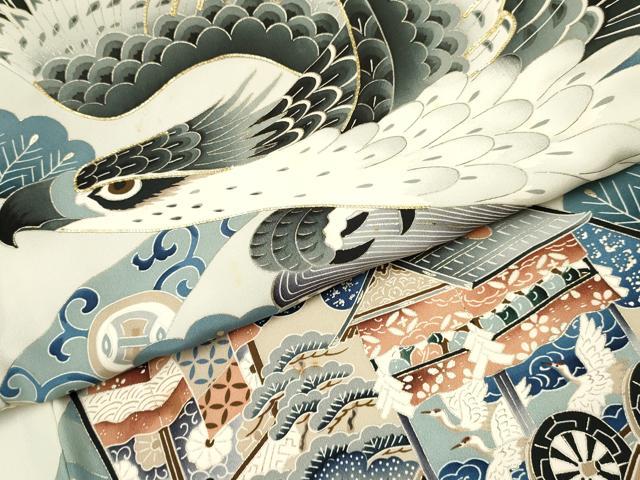 平和屋着物[]お宮参り　男の子　祝着　産着　初着　のしめ　駒刺繍　鷹　鷲　地紙御所車飛鶴松文　金銀彩　逸品　DABA3752ma