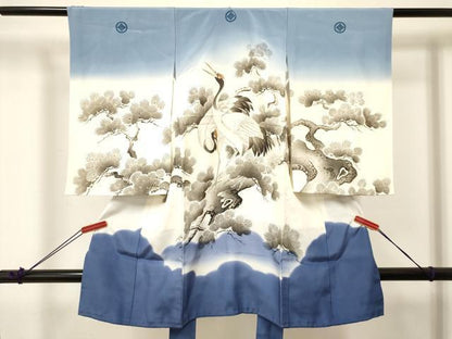 平和屋着物[]お宮参り　男の子　祝着　産着　初着　のしめ　飛鶴松文　暈し染め　金彩　逸品　DABA3754ma