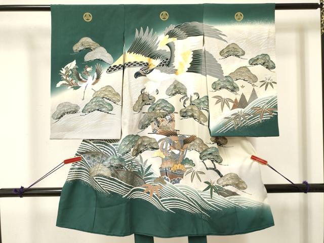 平和屋着物[]お宮参り　男の子　祝着　産着　初着　のしめ　鷹　鷲　鳳凰宝船笹松文　暈し染め　金銀彩　逸品　DABA3755ma