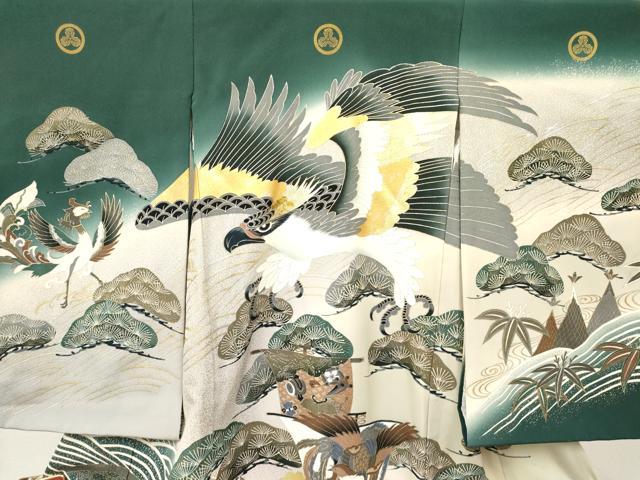 平和屋着物[]お宮参り　男の子　祝着　産着　初着　のしめ　鷹　鷲　鳳凰宝船笹松文　暈し染め　金銀彩　逸品　DABA3755ma